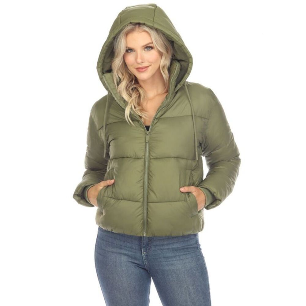 White Mark - Women's Full Front Zip Hooded Bomber Puffer Jacket Green